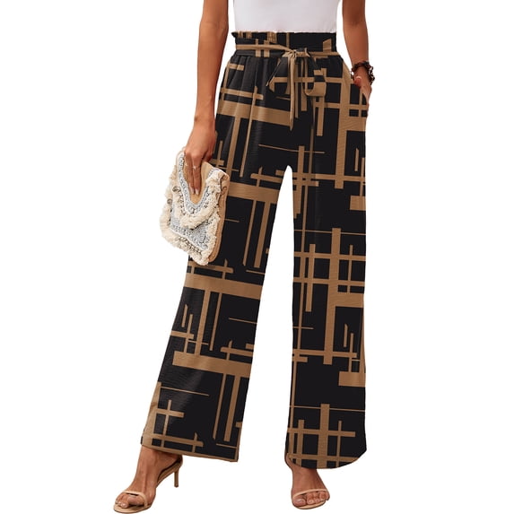 Chiclily Women Wide Leg Pants with Pockets High Waist Loose Belt Flowy Casual Trousers, US Size 2XL in Geometric Grid Black