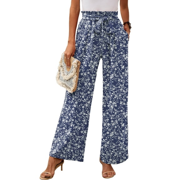 Chiclily Women Wide Leg Pants with Pockets High Waist Loose Belt Flowy Casual Trousers, US Size 2XL in Vine Flower