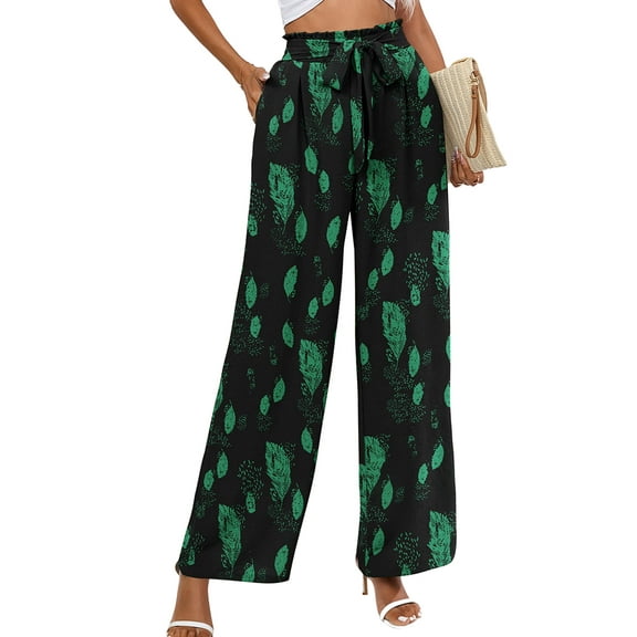 Chiclily Women Wide Leg Pants with Pockets High Waist Loose Belt Flowy Casual Trousers, US Size Large in Black Green Leaves