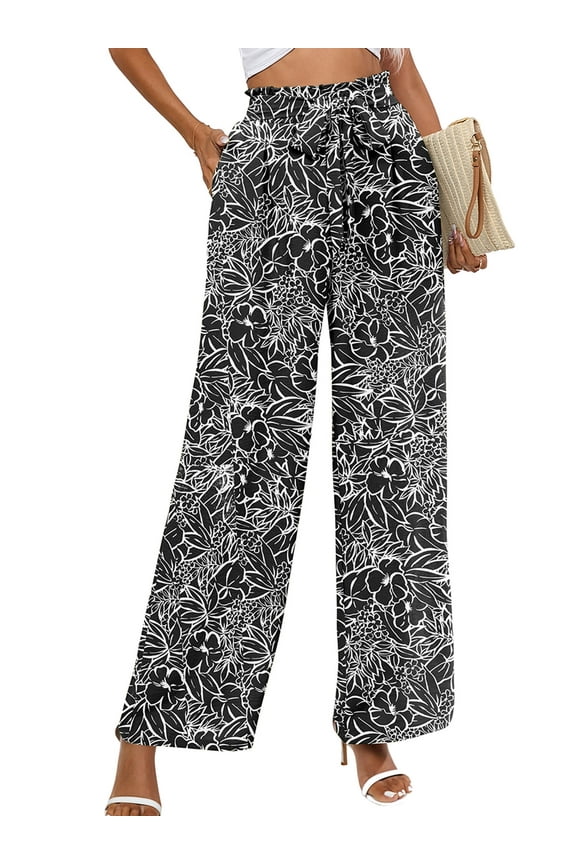 Women Wide Leg Pants with Pockets High Waist Loose Belt Flowy Casual Trousers, US Size Large in Black White Flower