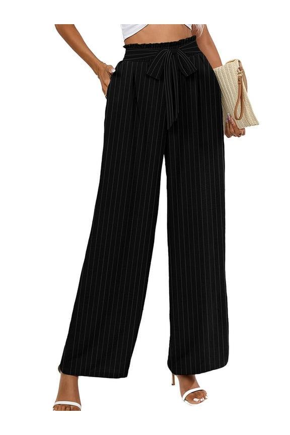 Women Wide Leg Pants with Pockets High Waist Loose Belt Flowy Casual Trousers, US Size Large in Black White Stripe