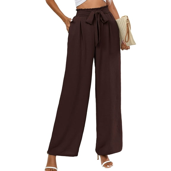 Chiclily Women Wide Leg Pants with Pockets High Waist Loose Belt Flowy Casual Trousers, US Size Large in Dark Brown