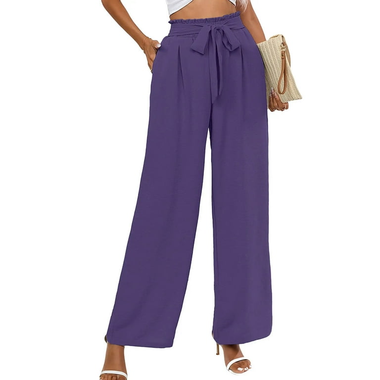Chiclily Women Wide Leg Pants with Pockets High Waist Loose Belt Flowy Casual Trousers US Size Large in Deep Purple Walmart