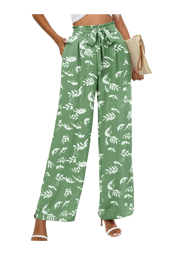 Women Wide Leg Pants with Pockets High Waist Loose Belt Flowy Casual Trousers, US Size Large in Green White Flower