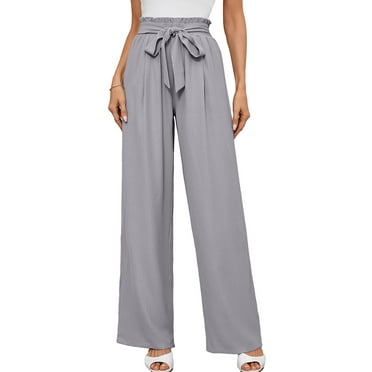 Chiclily Women Wide Leg Pants with Pockets High Waist Loose Belt Flowy Casual Trousers, US Size Large in Grey Stripe