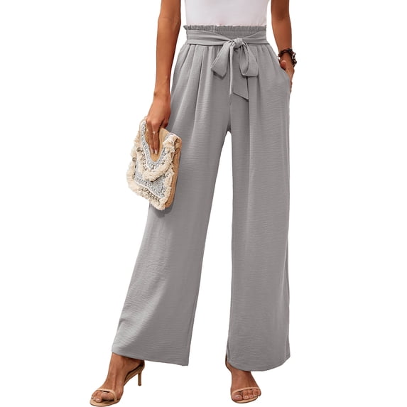 Chiclily Women Wide Leg Pants with Pockets High Waist Loose Belt Flowy Casual Trousers, US Size Large in Light Gray