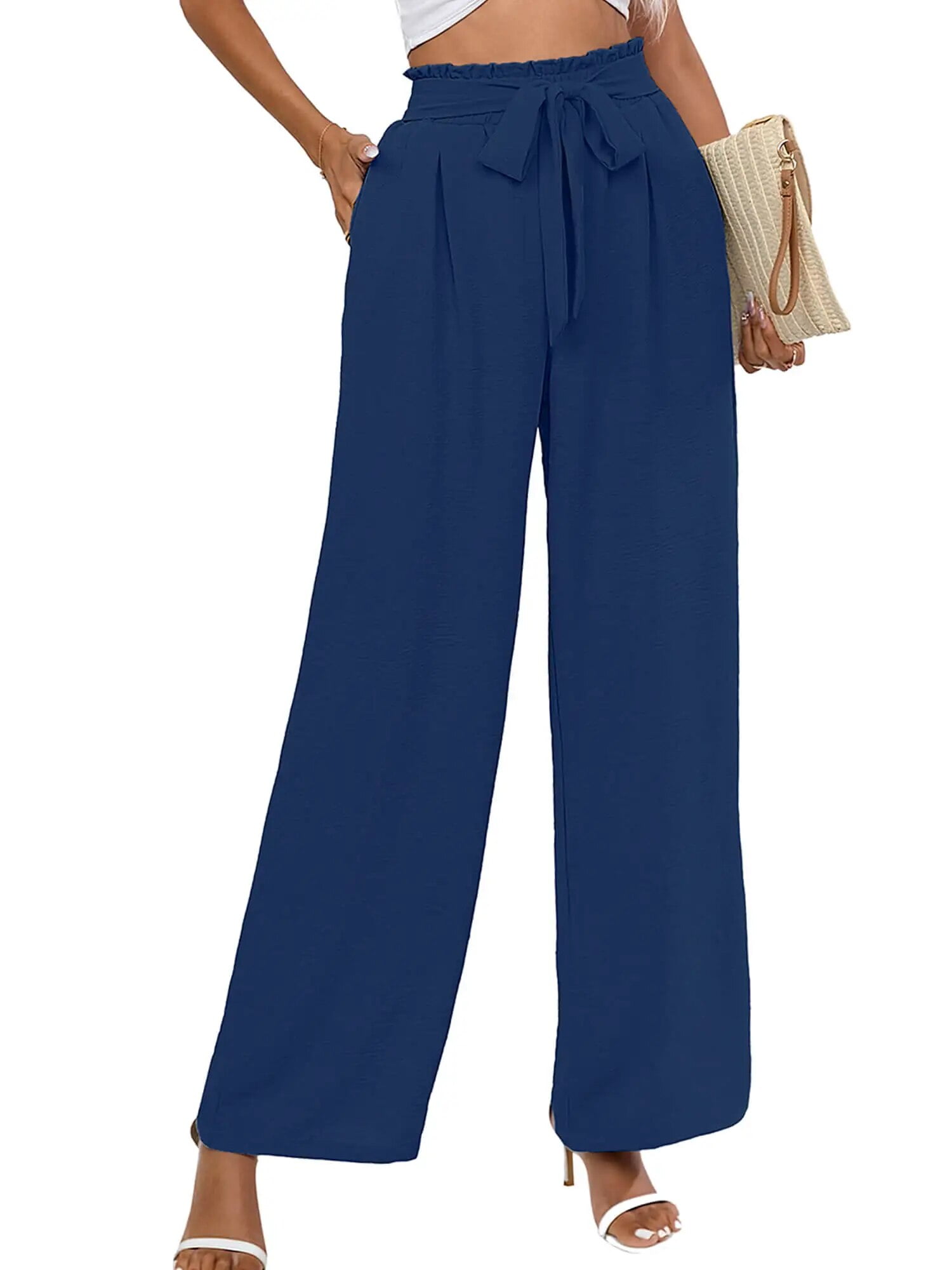 Chiclily Women's Wide Leg Pants with Pockets Lightweight High Waisted  Adjustable Tie Knot Loose Trousers Flowy Summer Beach Lounge Pants, US Size  2XL