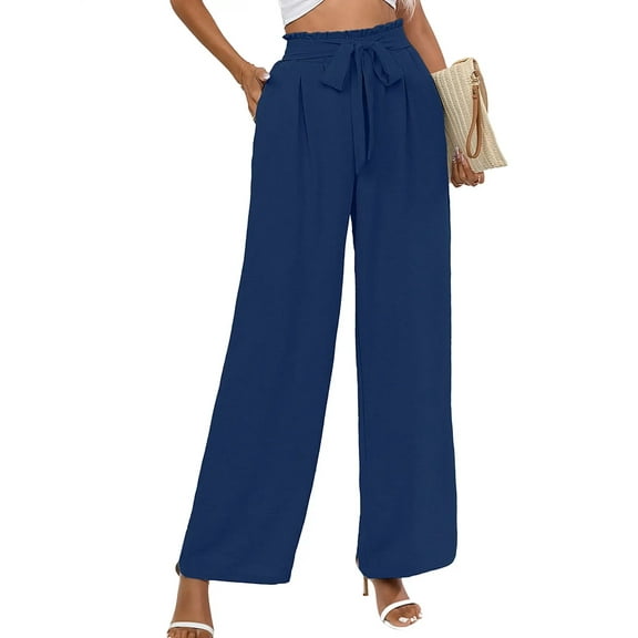 Chiclily Women Wide Leg Pants with Pockets High Waist Loose Belt Flowy Casual Trousers, US Size Large in Navy Blue
