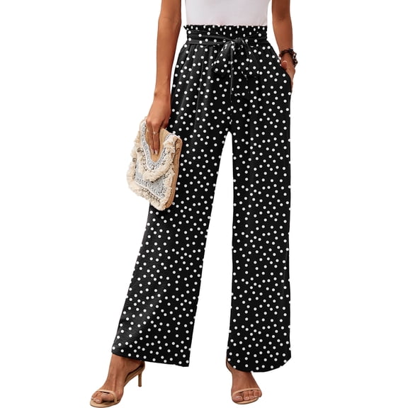 Chiclily Women Wide Leg Pants with Pockets High Waist Loose Belt Flowy Casual Trousers, US Size Large in Polkadots Black