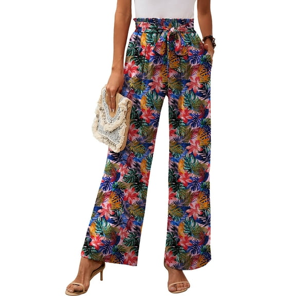 Chiclily Women Wide Leg Pants with Pockets High Waist Loose Belt Flowy Casual Trousers, US Size Large in Tropic Affair