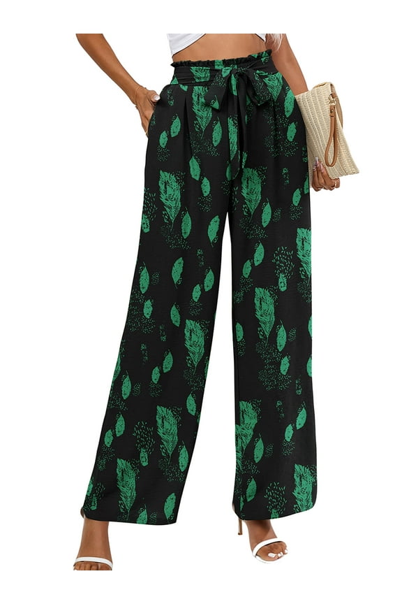 Women Wide Leg Pants with Pockets High Waist Loose Belt Flowy Casual Trousers, US Size Medium in Black Green Leaves
