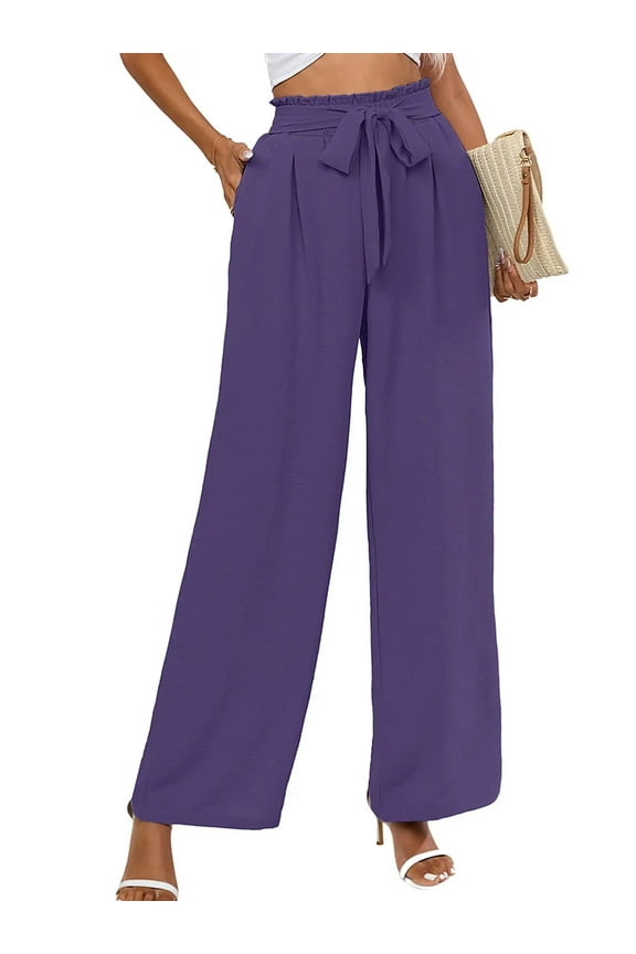 Women Wide Leg Pants with Pockets High Waist Loose Belt Flowy Casual Trousers, US Size Medium in Deep Purple