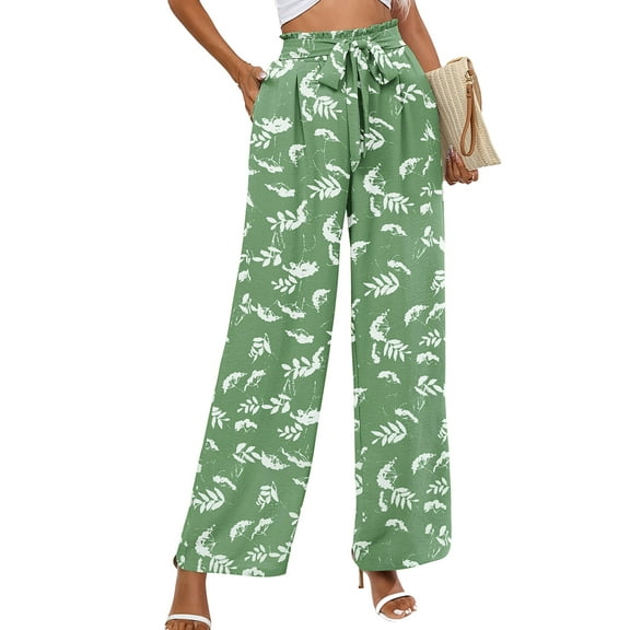 Chiclily Women Wide Leg Pants with Pockets High Waist Loose Belt Flowy Casual Trousers, US Size Medium in Green White Flower