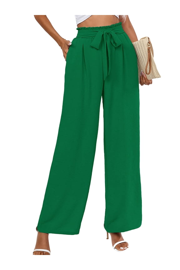 Women Wide Leg Pants with Pockets High Waist Loose Belt Flowy Casual Trousers, US Size Medium in Green