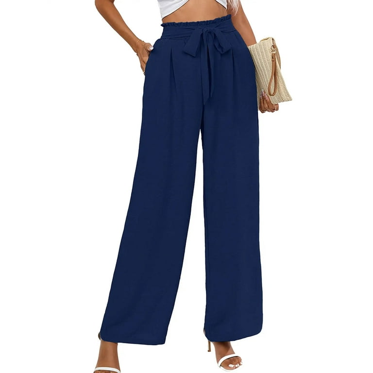 Chiclily Women Wide Leg Pants with Pockets High Waist Loose Belt Flowy  Casual Trousers, US Size Medium in Navy Blue