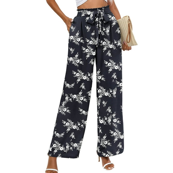 Chiclily Women Wide Leg Pants with Pockets High Waist Loose Belt Flowy Casual Trousers, US Size Medium in Navy White Flower