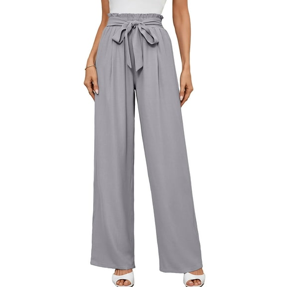 Chiclily Women Wide Leg Pants with Pockets High Waist Loose Belt Flowy Casual Trousers, US Size Small in Grey Stripe