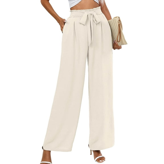 Chiclily Women Wide Leg Pants with Pockets High Waist Loose Belt Flowy Casual Trousers, US Size XL in Ivory