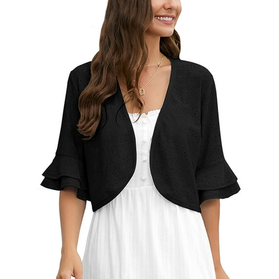 Chiclily Women's 3/4 Sleeve Cardigan Elegant Shrugs for Women Ruffle Sleeve Open Front Bolero, US Size Large in Black