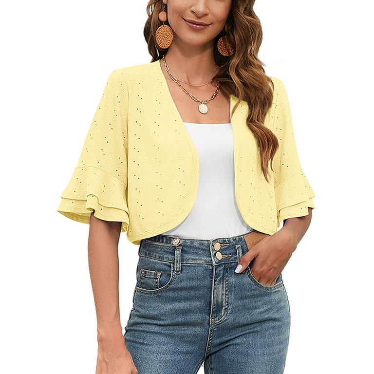 Chiclily Women s 3 4 Sleeve Cardigan Elegant Shrugs for Women Ruffle Sleeve Open Front Bolero US Size Medium in Light Yellow