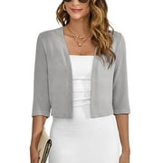 Chiclily Women's 3/4 Sleeve Cropped Cardigans Sweaters Light Gray Large Lightweight Open Front Shrugs for Women