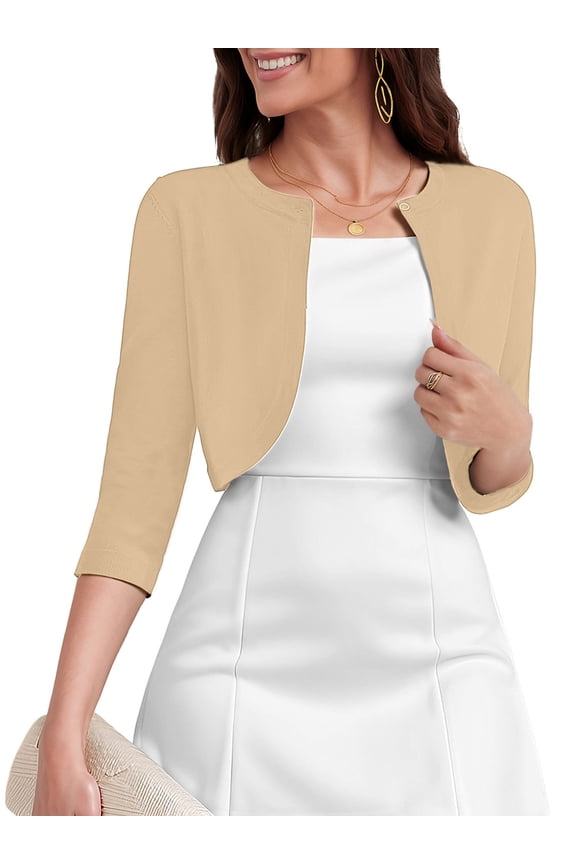 Women's 3/4 Sleeve Cropped Cardigans Sweaters Lightweight Open Front Short Shrugs for Dresses, Khaki Size L