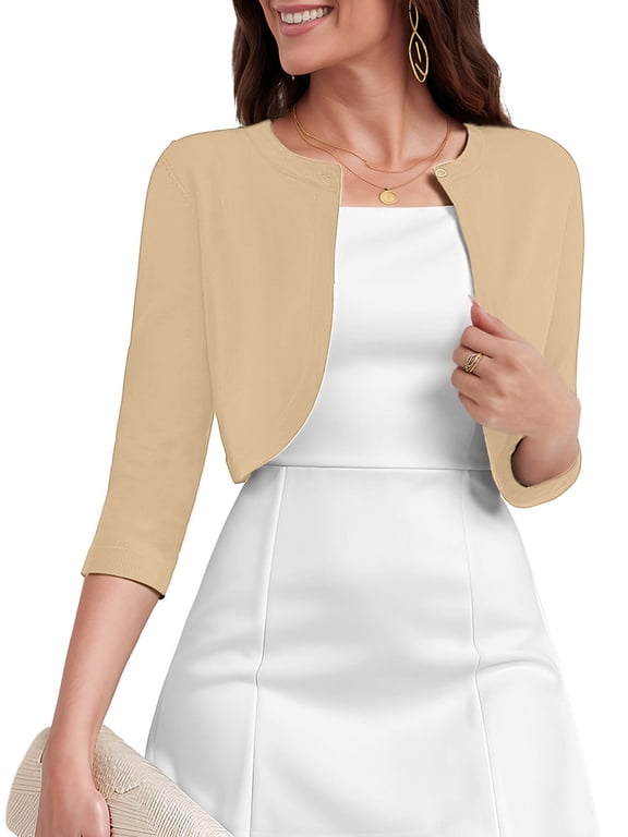 Women's 3/4 Sleeve Cropped Cardigans Sweaters Lightweight Open Front Short Shrugs for Dresses, Khaki Size S