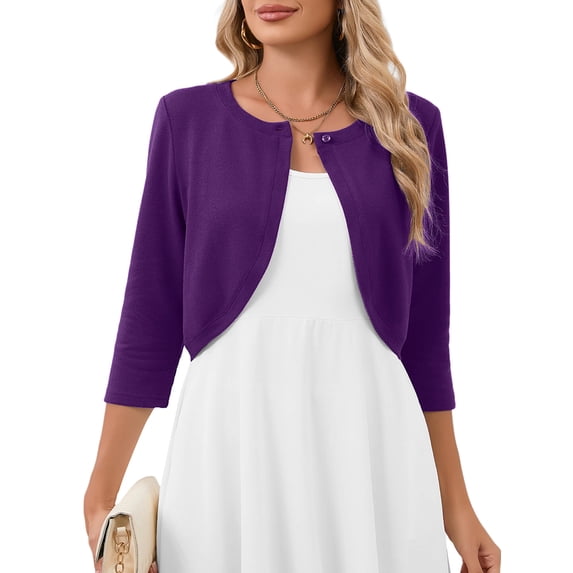 Chiclily Women's 3/4 Sleeve Cropped Cardigans Sweaters Lightweight Open Front Short Shrugs for Dresses, Purple XL