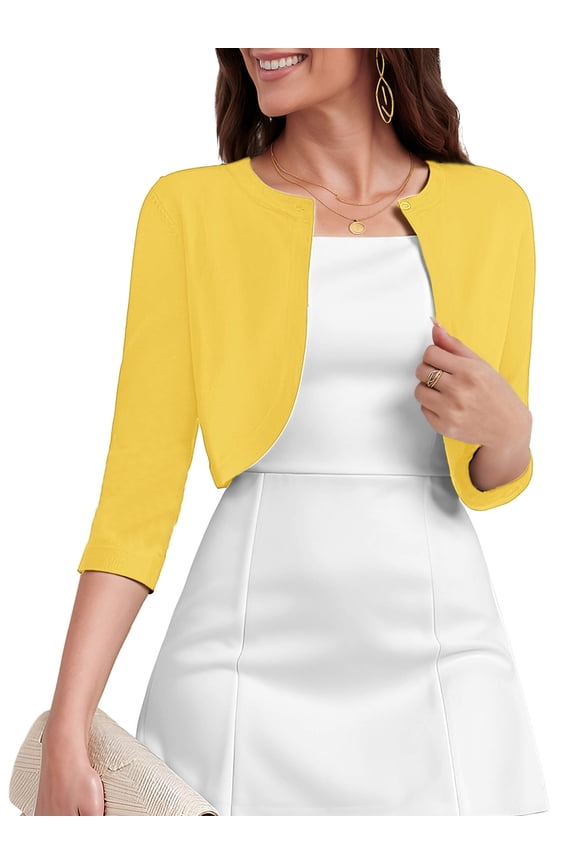 Women's 3/4 Sleeve Cropped Cardigans Sweaters Lightweight Open Front Short Shrugs for Dresses, Yellow Size L