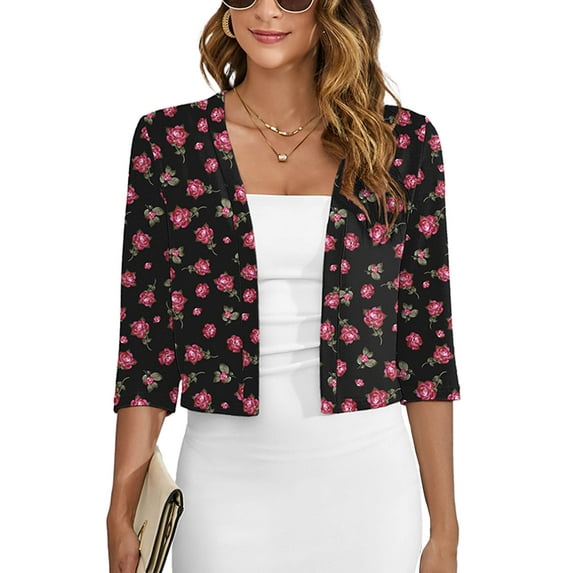 Chiclily Women's 3/4 Sleeve Cropped Cardigans Sweaters Lightweight Open Front Shrugs for Women, Black Pink Rose in Large