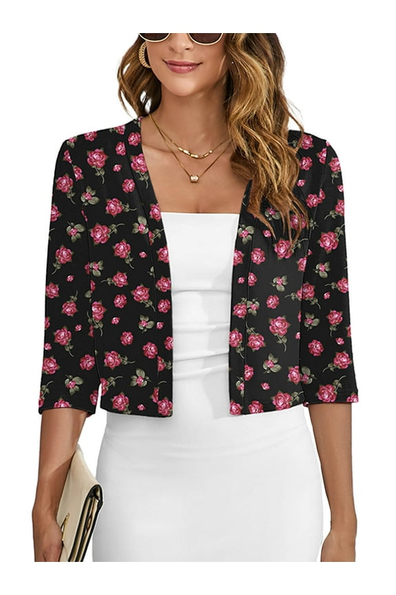 Women's 3/4 Sleeve Cropped Cardigans Sweaters Lightweight Open Front Shrugs for Women, Black Pink Rose in Large