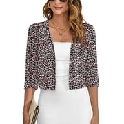 Chiclily Women's 3/4 Sleeve Cropped Cardigans Sweaters Lightweight Open Front Shrugs for Women, Fancy Peachy Leopard in Medium