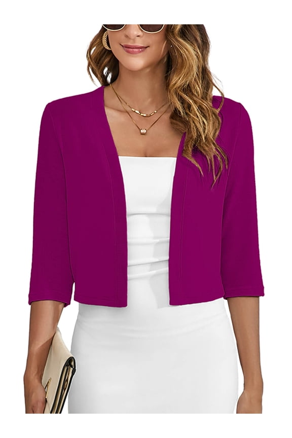 Women's 3/4 Sleeve Cropped Cardigans Sweaters Magenta Large Lightweight Open Front Shrugs for Women