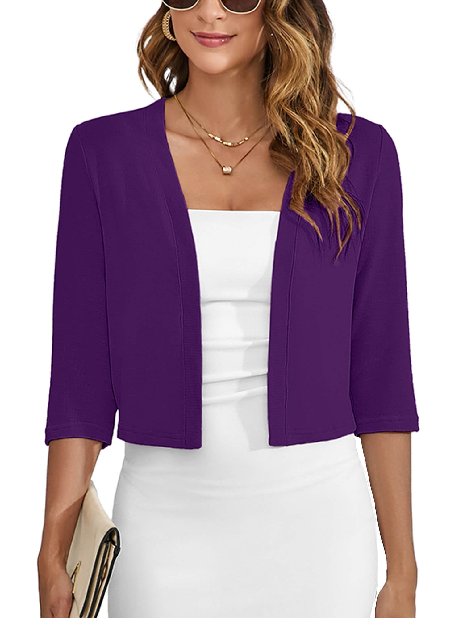 Women's 3/4 Sleeve Cropped Cardigans Sweaters Purple Large Lightweight Open Front Shrugs for Women