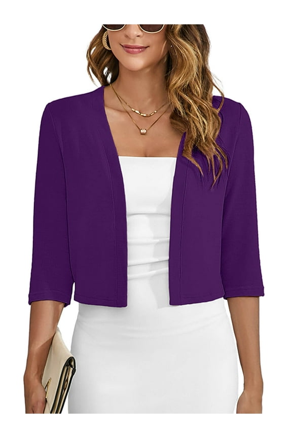 Women's 3/4 Sleeve Cropped Cardigans Sweaters Purple Large Lightweight Open Front Shrugs for Women