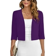 Chiclily Women's 3/4 Sleeve Cropped Cardigans Sweaters Purple Small Lightweight Open Front Shrugs for Women