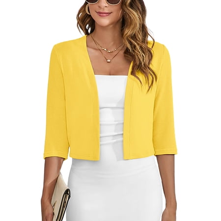 Chiclily Women's 3/4 Sleeve Cropped Cardigans Sweaters Yellow Small Lightweight Open Front Shrugs for Women