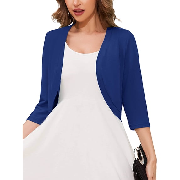 Chiclily Women's 3/4 Sleeve Open Front Cardigan Royal Blue M Lightweight V-Neck Cropped Bolero Shrug Sweater for Women