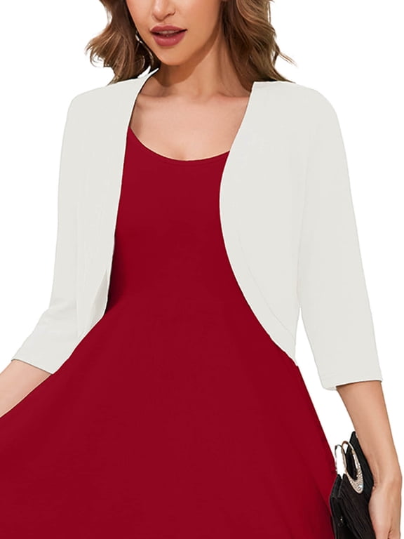 Women's 3/4 Sleeve Open Front Cardigan White L Lightweight V-Neck Cropped Bolero Shrug Sweater for Women