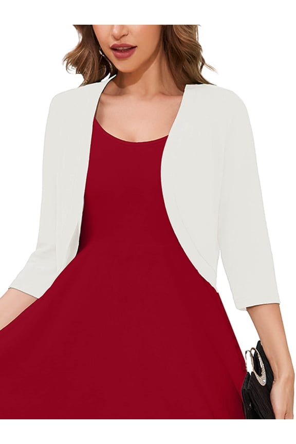 Women's 3/4 Sleeve Open Front Cardigan White L Lightweight V-Neck Cropped Bolero Shrug Sweater for Women