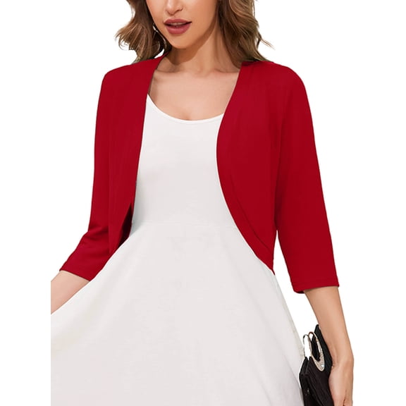 Chiclily Women's 3/4 Sleeve Open Front Cardigan Red L Lightweight V-Neck Cropped Bolero Shrug Sweater for Women