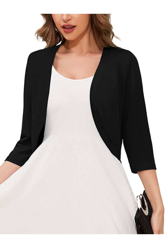Women's 3/4 Sleeve Open Front Cardigan V-Neck Knit Cropped Bolero Shrug Sweater for Women