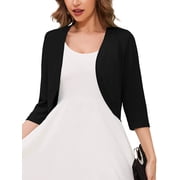 Chiclily Womens 3/4 Sleeve Open Front Cardigan Black M Lightweight V-Neck Cropped Bolero Shrug Sweater for Women