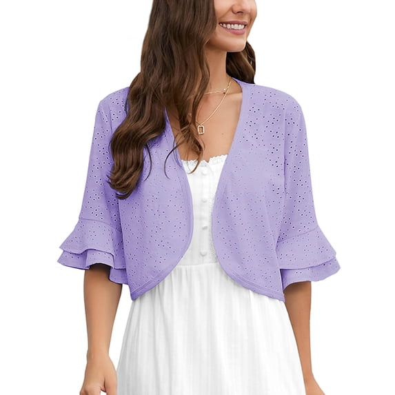 Chiclily Women's 3/4 Sleeve Shrugs Lightweight Open Front Cropped Cardigan for Women, US Size Medium in Purple