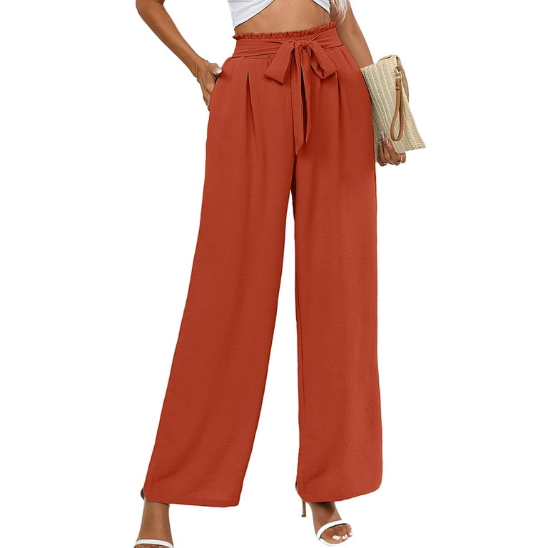 Chiclily Women's Belted Wide Leg Pants with Pockets Lightweight High  Waisted Adjustable Tie Knot Loose Trousers Flowy Summer Beach Lounge Pants,  US Size XL in Burnt Orange 