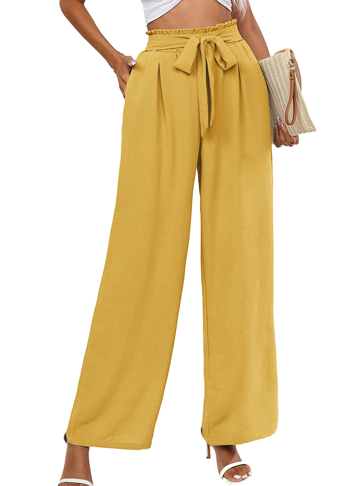 Chiclily Women's Belted Wide Leg Pants with Pockets Lightweight High  Waisted Adjustable Tie Knot Loose Trousers Flowy Summer Beach Lounge Pants,  US Size XL in Wheat 
