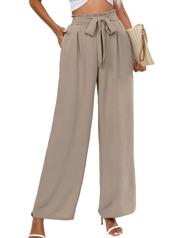 High Waisted Yoga Palazzo Pants, Polyester, Wide Leg, Adjustable Tie Knot, Lightweight, Size XL - Wheat