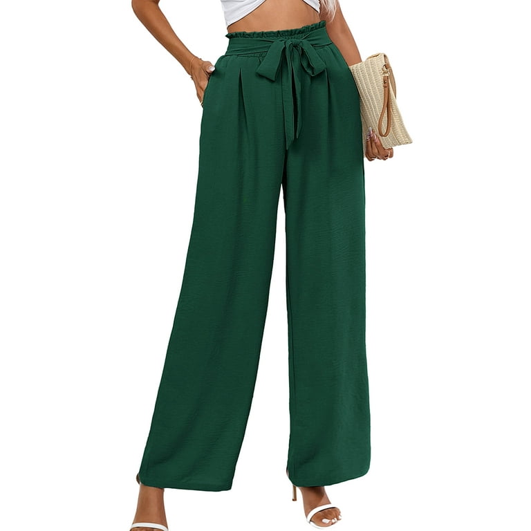 Chiclily Women's Belted Wide Leg Pants with Pockets Lightweight High  Waisted Adjustable Tie Knot Loose Trousers Flowy Summer Beach Lounge Pants,  US Size XL in Dark Green 
