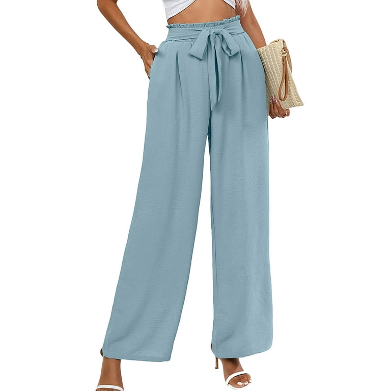 Chiclily Women's Belted Wide Leg Pants with Pockets Lightweight High Waisted  Adjustable Tie Knot Loose Trousers Flowy Summer Beach Lounge Pants, US Size  XL in Blue Gray 