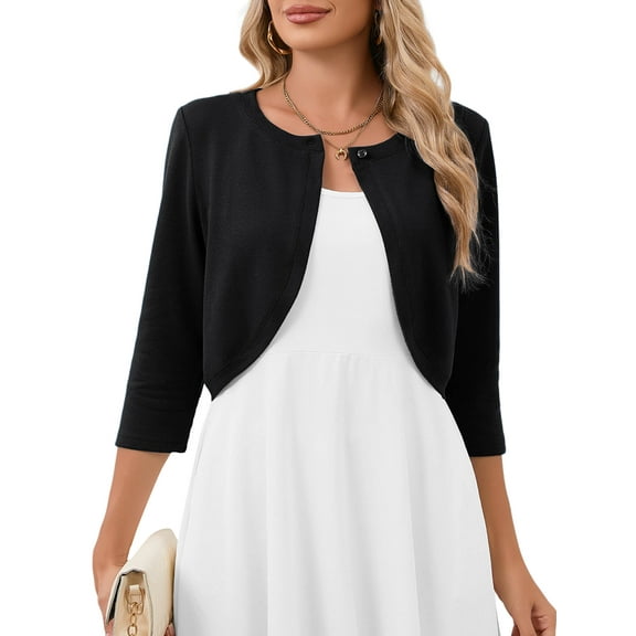 Chiclily Women's 3/4 Sleeve Black Cropped Cardigans Sweaters Lightweight Open Front Short Shrugs for Dresses, Size M